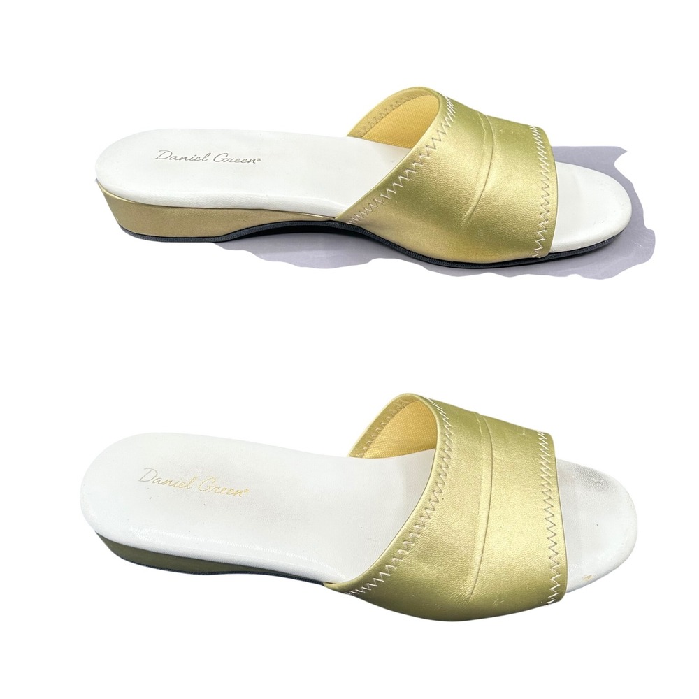 VTG Daniel Green Dormie Gold Metallic Slide Slippers Womens 7M Low Wedge